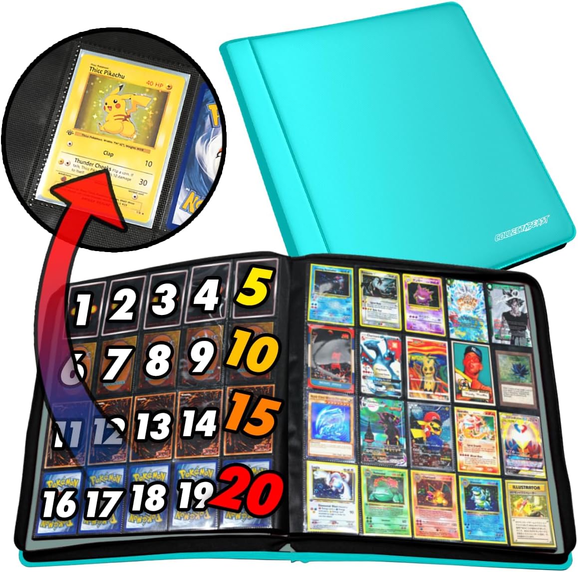 1280+ Cards 20 Pocket Card Binder Collector Card Album - Pages Compatible with Pokemon Cards, Sports Cards, Yugioh, MTG and Other TCG - Trading Card Sleeve with Side Loading Pockets (White/Red)