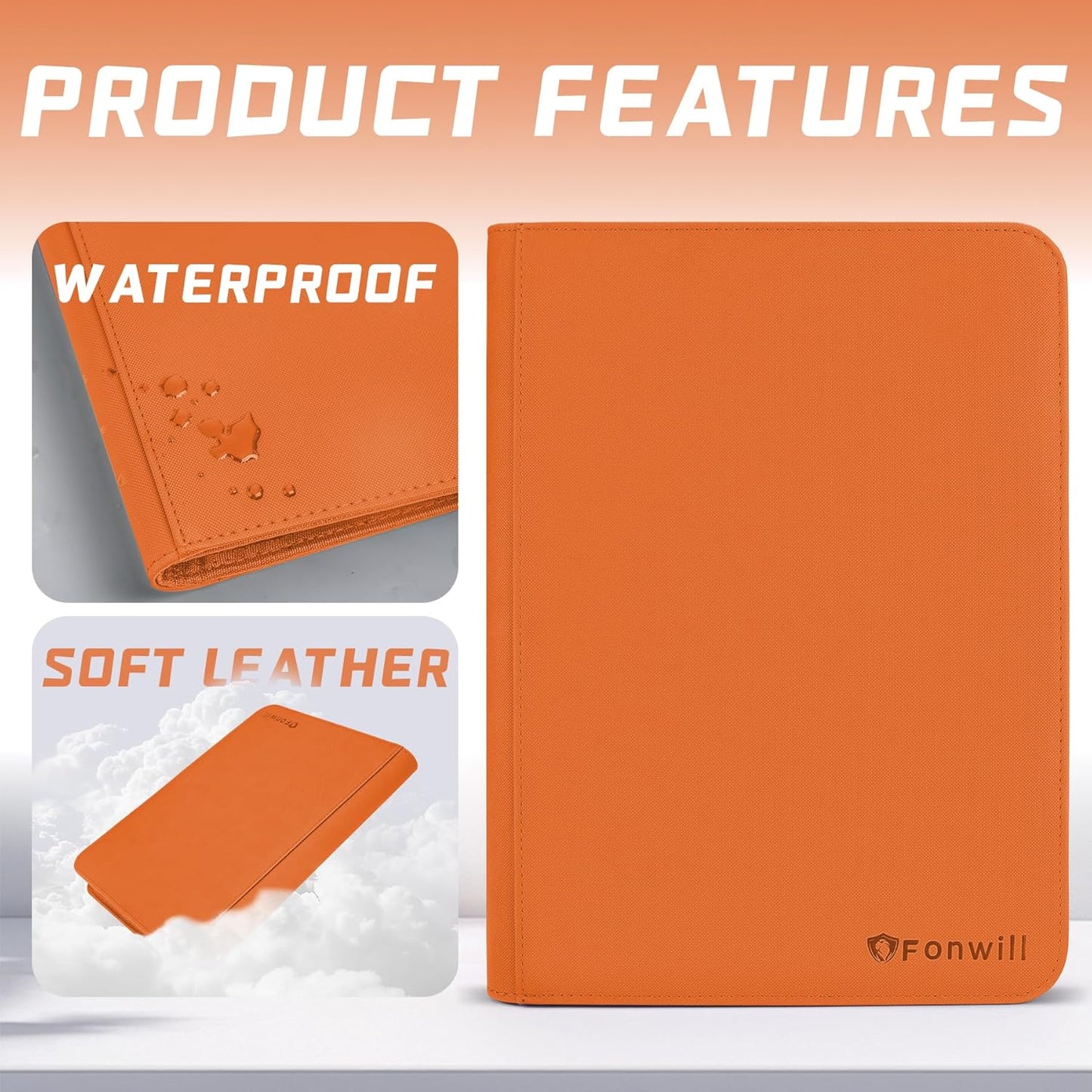 Trading Card Binder 9 Pocket, 360 Pockets Trading Card Holder Book, Premium PU Cover Zip Folder Binder, Side Loading Carrying Case Binder Album for TCG, MTG,Sports Cards, Game Cards (Orange-1)