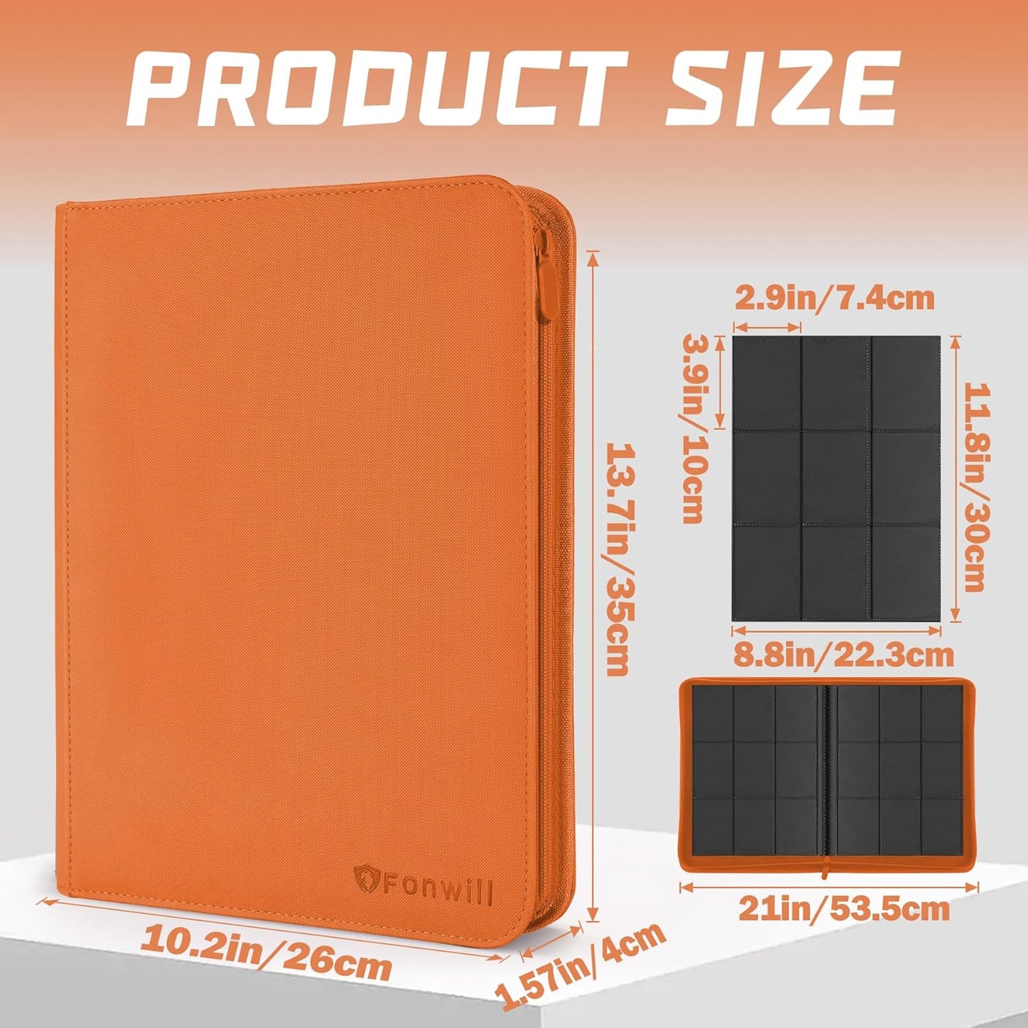 Trading Card Binder 9 Pocket, 360 Pockets Trading Card Holder Book, Premium PU Cover Zip Folder Binder, Side Loading Carrying Case Binder Album for TCG, MTG,Sports Cards, Game Cards (Orange-1)