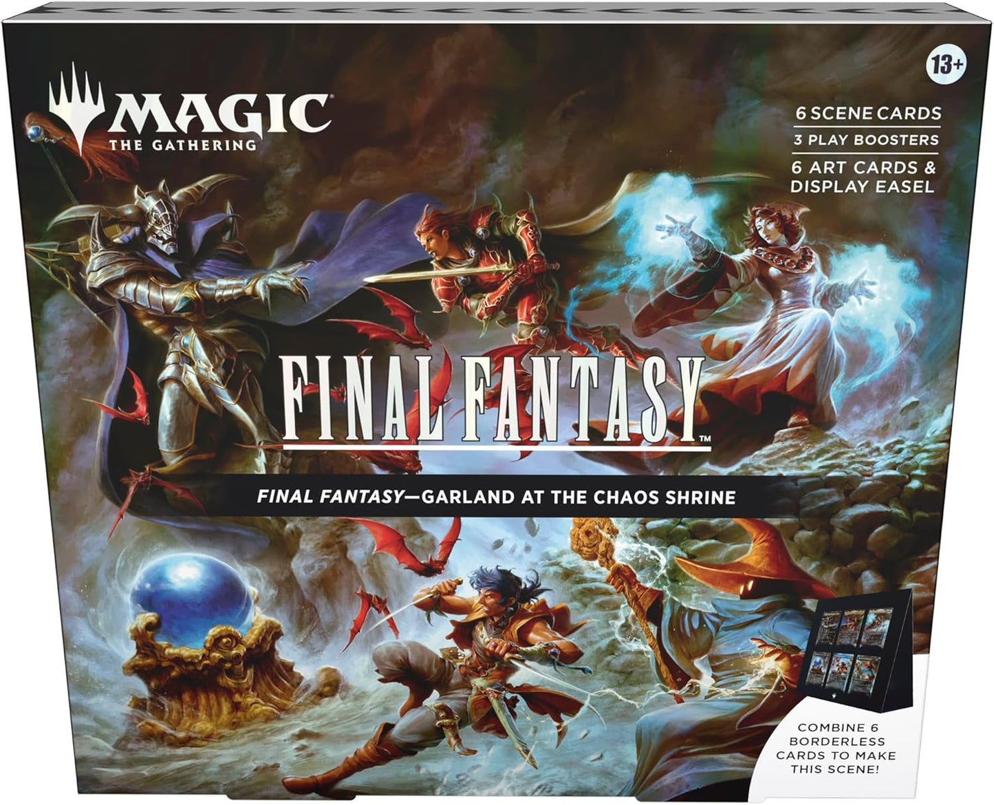 Magic: The Gathering - Final Fantasy Scene Box - Garland at The Chaos Shrine | 6 Foil Borderless Scene Cards, 6 Art Cards, 3 Play Boosters + 1 Display Easel