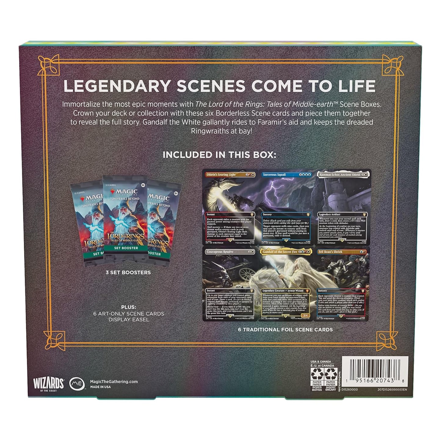 Magic: The Gathering The Lord of The Rings: Tales of Middle-Earth Scene Box - Gandalf in Pelennor Fields (6 Scene Cards, 6 Art Cards, 3 Set Boosters + Display Easel)
